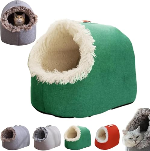 Winter Warm Pet Cave Bed, Cozy Cat Tent for Indoor Cats & Small Dogs, Calming Plush Anti-Anxiety Cuddler Beds, Enclosed Hooded, Anti-Slip Hideout House, Portable Washable Pet Nest (Green, M) - color: Green, size: M