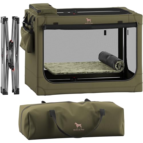 Noah & Paw Collapsible Dog Crate 30 Inches, Large Dog Crate for Large Medium Breeds, Travel Kennel for Car, Including Pet Mat for Pet Cage, 2 Storage Pockets, Handbag, 10mm Locking Zipper 30*21*21 - color: Green, size: L