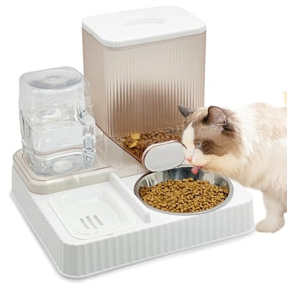 Fhiny Gravity Cat Feeder & Water Dispenser, 2 in 1 Automatic Puppy Waterer Removable Stainless Steel Food Bowls Set Self Feeding Pet Food Storage for Cat Kitten Puppy Easy Clean (White) - color: White-Metal Bowl