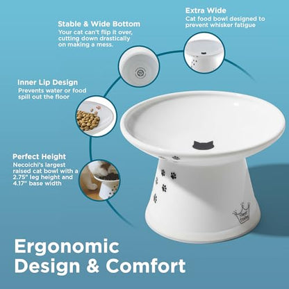 Necoichi Elevated Cat Food Bowl, Ceramic (Porcelain), Whisker-Friendly, Dishwasher & Microwave Safe, Non-Slip Silicone Base, Anti-Vomiting & Neck Fatigue (Cats, Extra Wide, 2-Cups Capacity) - color: Cat, size: Large Extra Wide Flat (2 Cups)
