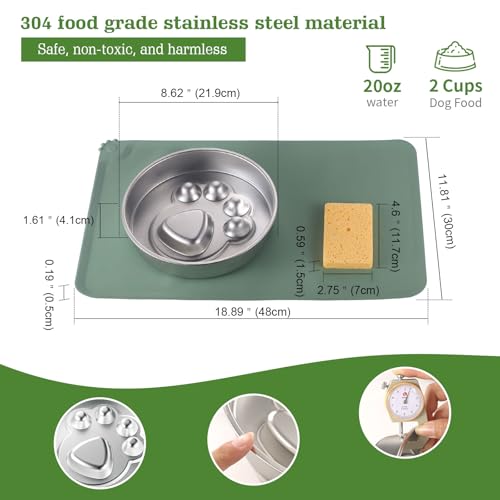 Stainless Steel Slow Feeder Dog Bowls – Non-Slip Metal Dog Bowl for Large & Medium Breeds, Puppy Puzzle Feeder – 2 Cup Capacity for Small to Big Pets – Durable Slow Feed Dog & Cat Food Dish with Mat - color: Paw With Mat