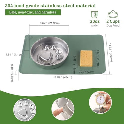 Stainless Steel Slow Feeder Dog Bowls – Non-Slip Metal Dog Bowl for Large & Medium Breeds, Puppy Puzzle Feeder – 2 Cup Capacity for Small to Big Pets – Durable Slow Feed Dog & Cat Food Dish with Mat - color: Paw With Mat