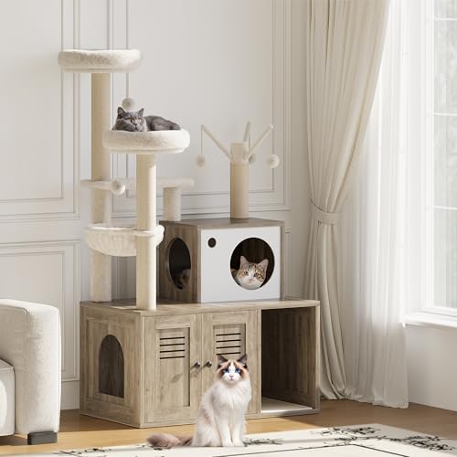 Garvee Cat Litter Box Enclosure with Tree Tower and Condo, Hidden Pet Washroom Furniture with Sisal Scratching Post,Hammocks and Soft Plush Perch, Wooden Cat Furniture with Multiple Platforms,Grey - color: Rustic Grey