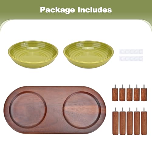 SPUNKYJUNKY Shallow Elevated Cat Bowl with Acacia Wood Stand Wide Raised Ceramic Cat Dishes Whisker Friendly Pet Food and Water Plates (Striped Pattern, Green) - color: Green