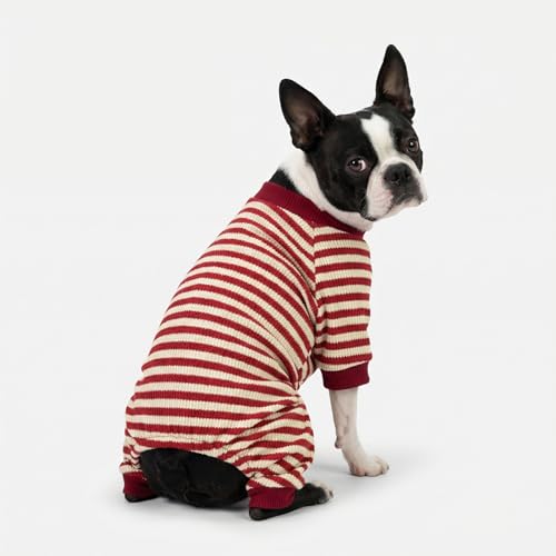 Fitwarm Red and White Striped Dog Pajamas, Waffle Dog Clothes for Small Dogs Girl Boy, Puppy Onesie with Feet, Pet Christmas Outfit, XL - color: Red, size: X-Large