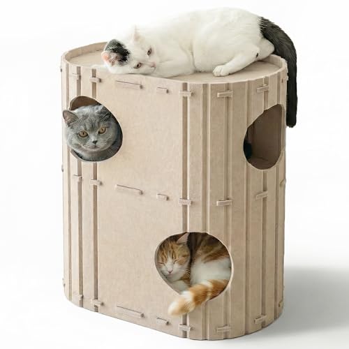 PETKARAY 2-Story Felt Cat House, Large Bed Cave for Indoor Cats, Felt Tunnel Hideaway Condo for Multi-Cat Households, 23.6x22x12 inches, Grey - color: Beige, size: 2-Story Condo