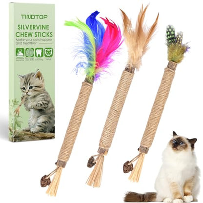 TINDTOP Silvervine Chew Sticks for Cats, Natural Catnip Chew Toys for Kittens Teeth Cleaning, Matatabi Dental Care, Increase Appetite, Calm Cat Anxiety and Stress, Cat Dental Toy (3 Pack) - color: 3 Pack