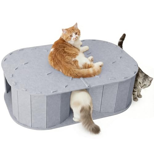 PETKARAY Large Felt Cat Tunnel, Double S-Shaped Hideaway for Indoor Cats, Interactive Cat Bed Cave and Hideout, 34x22.8x10.2 inches Grey - color: Grey, size: Tunnel Cave