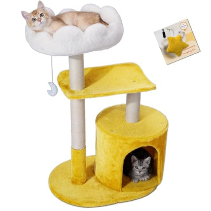 Happi N Pets Cat Tree, 33" Multi-Level Cloud Cat Tree Tower with Cozy Padded Bed & Large Condo for All Sized Cats, Featuring Scratching Posts, Viewing Perch & Toys, Stable Small Cat Tower - size: 33" with Condo