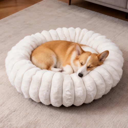 Donut Dog and Cat Bed, Luxurious Comfortable Faux Rabbit Fur Pet Beds, Soft Anti-Anxiety Calming Puppy Kitten Bed with Anti-Slip Bottom for Small Medium Dogs & Cats(23", White) - color: White, size: S(23x23x8)