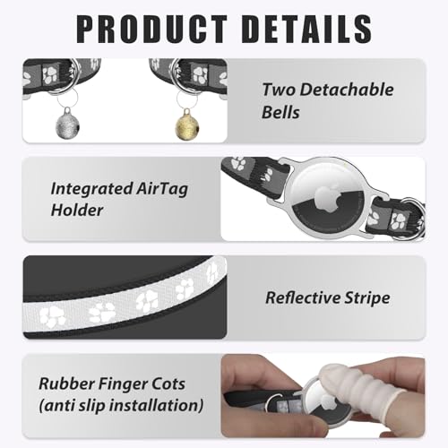 Cat Collar Apple AirTag-Compatible - Cat Paw Print Design, Durable Elastic Band with Reflective Strips and Bell, Infinitely Adjustable Collar for Small to Medium Pets, Black.