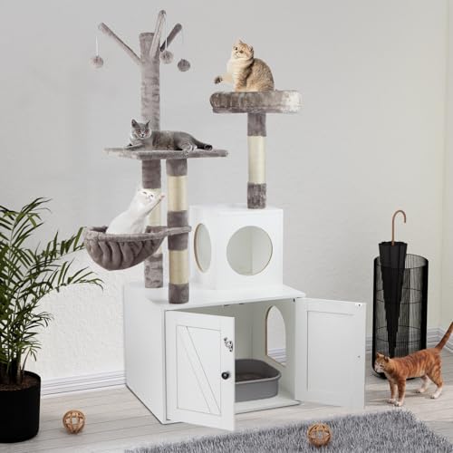 Timberer Litter Box Enclosure with Cat Tree, 2-in-1 Hidden Litter Box Furniture with Scratching Post, Modern Cat Condo, White - color: White