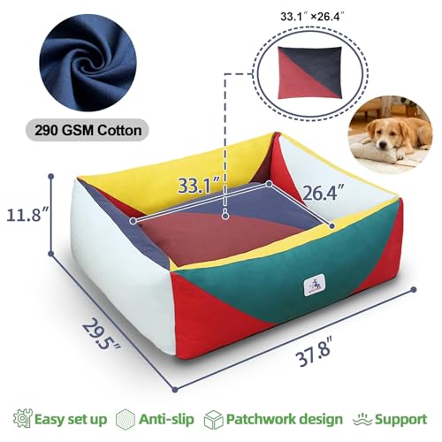 Cotton Canvas Dog Bed, Dog Beds Large Sized Dog, Orthopedic Bed with Washable Removable Cover, Durable 290 GSM Cotton Anti-chewing Pet Bed with Anti-Slip Bottom (38"x30"x12", Red&Yellow&Green) - color: Red+Green+Yellow, size: Large