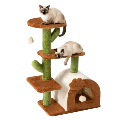 Cactus Cat Tree for Indoor Cats, 27.5'' Small Cat Tower with Cozy Condo, Wide Top Perch Multi-Level Climbing and Lounging Space, Brown - color: Brown-2