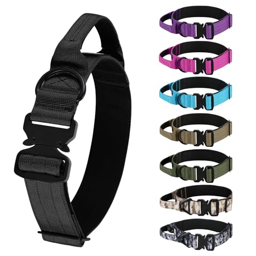 Tactical Thick Dog Collar, Adjustable Training Nylon Dog Collar, Heavy Duty Metal Buckle & Control Handle for Small Medium Large Dogs (15-21, L, Black) - color: Black, size: L