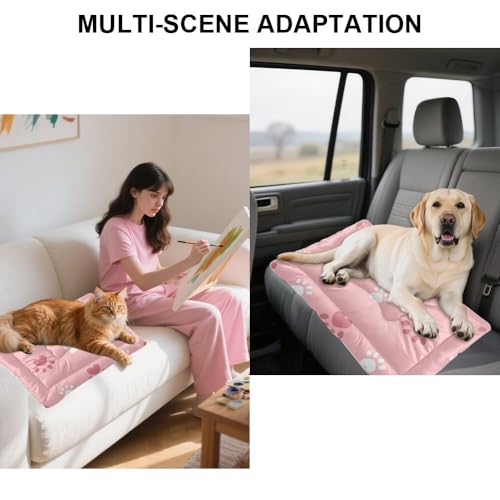 Paw Print Pink Outdoor Dog Bed Large Dog Mat Cage Pads Washable Crate Beds Washable Non-Slip Beds for Crates Outdoor Mat Cage Accessories Indoor 24X18 Inch - size: 24 × 18 inch