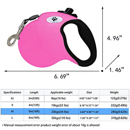 16 ft Retractable Dog Leash for Large Dogs up to 44 lbs,Tangle-Free Nylon Tape,Pink M - color: pink, size: Medium