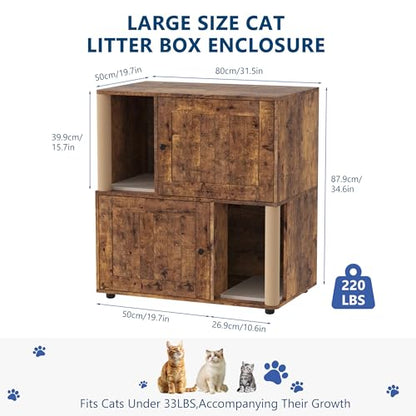 Double Cat Litter Box Enclosure Cabinet for 2 Cats – 2-Tier Modern Farmhouse Pet Washroom, Mark Post, Odor Control, Dog-Proof, Litter Mats, Wooden End Table – Slotted Brown