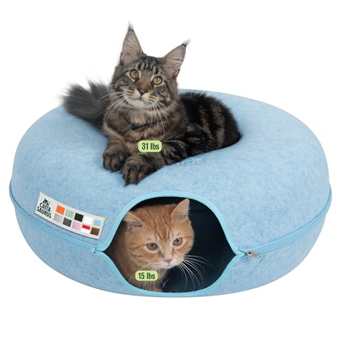 Cattasaurus Peekaboo Cat Cave Donut for Multiple & Large Cats up to 30-45 lbs, 3-in-1 Self Warming Cat Bed, Tunnel & Scratcher for Indoor Cats, Washable & Detachable Small Dog Bed (Blue, Jumbo) - color: Blue, size: Jumbo