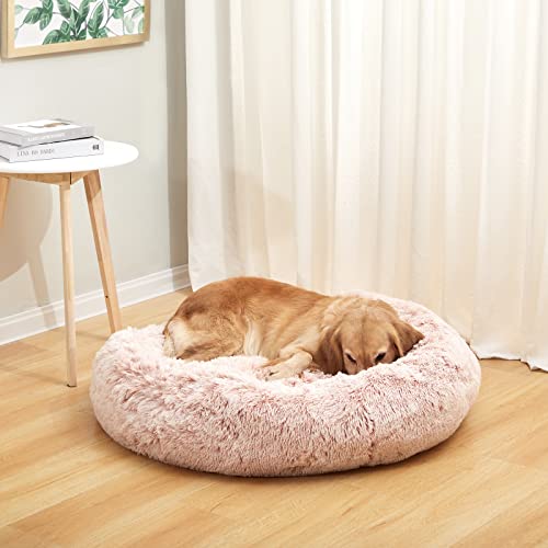 Bedfolks Calming Donut Dog Bed - 36" Round, Fluffy, Anti-Anxiety, Machine Washable Pet Bed (Pink, Large) - color: Pink, size: 36.0"L x 36.0"W x 8.0"Th