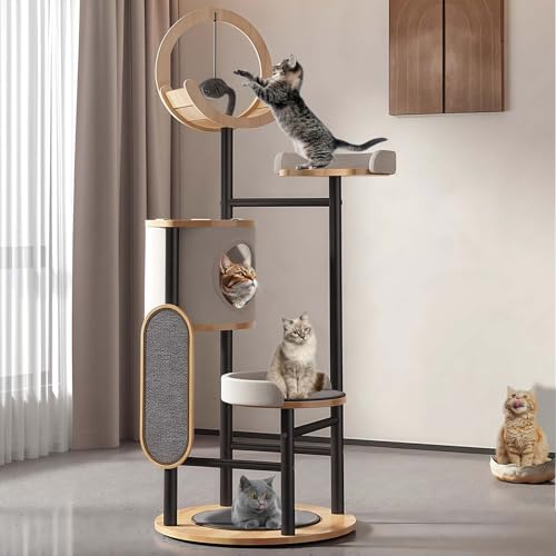 Cat Tree, 66In Cat Tower with Scratching Post, Tall Multi-Level Cat Houses for Indoor Cats Large Adult, Cute Cat Post Cat Condos with Dangling Ball,Plush Platform, Hammock, Big Cats Climbing Tower - color: C