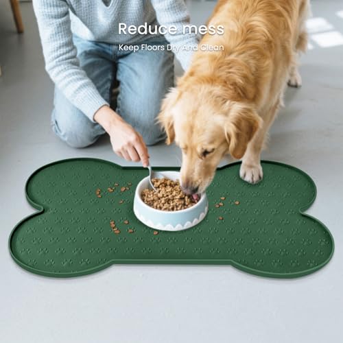 PWTAA Dog Food Mat Anti-Slip Silicone Dog Bowl Mat Thicker Pet Placemat Waterproof Cat Feeder Pad with Raised Edge Puppy Kitten Feeding Mats Suitable Small Medium-Sized Dogs Cats Eating Tray - color: Hunter Green, size: 25.6" x 13"