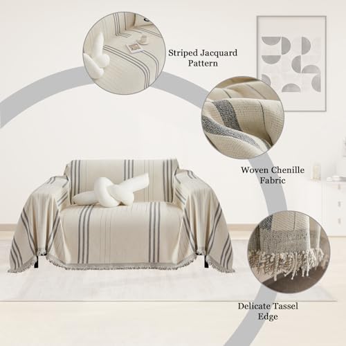 Chenille Armchair Cover Jacquard Sofa Covers Washable Furniture Protector Recliner Couch Cover 1 Cushion Reversible Chair Cover Beige Light Grey Striped Couch Cover Blanket 71"x 71" - color: A0# Beige/Light Grey - Striped, size: Medium 71" x 71"