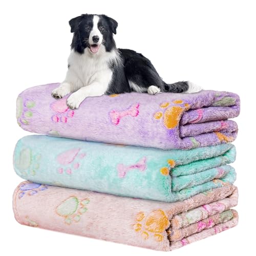 Rezutan Dog Blankets Throw 3 Pack for Large Medium Pet Cat Soft Fuzzy Blankets Washable,Reversible Paw Print for Dog Kennels-Beds, Sofas, Furniture Protection,41 x 31 inch, Purple/Green/Brown - color: Purple1/Green1/Brown1, size: Large,41x31inch