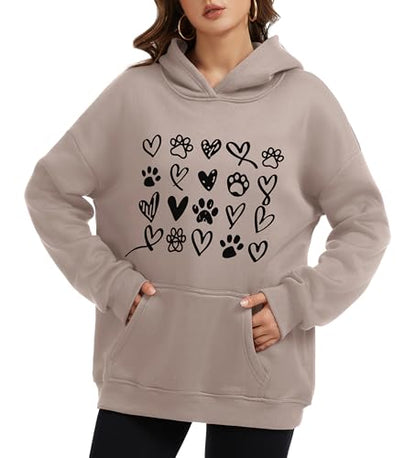 Womens Dog Paw Hoodie-Long Sleeve Pullover Fleece Lined Dog Mom Sweatshirts with Pocket - color: A-grey Brown, size: Small