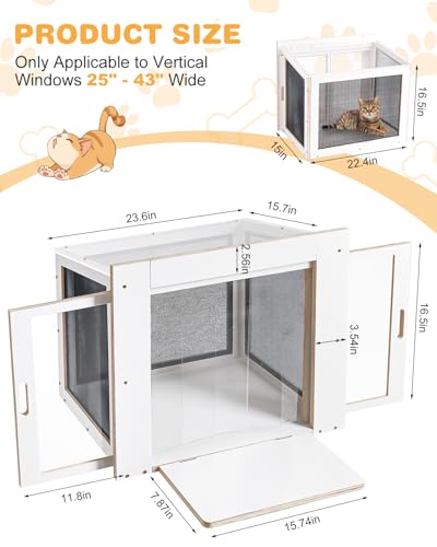 Cat Window Box, Wooden Outdoor Catio Window Enclosure with Clear Acrylic Roof & Bug-Proof Mesh, Universal Cat Window Perch with PVC Curtain for Sunbathing & Napping, Fits Vertical Windows 25"–43" W