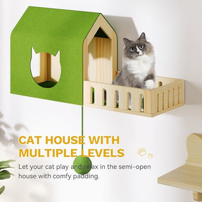 YITAHOME Cat Wall Shelves, Solid Wood Wall Mounted Cat Furniture with Green Wall House and Fence, Steps, Scratching Posts - size: 8 pieces