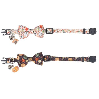 Thanksgiving Day Cat Collar Fall Breakaway with Bow Tie and Bell Autumn Holiday for Kitty Adjustable Safety - color: Pumpkin-bow