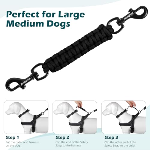 Dog Collar Safety Clip, Handmade Backup Safety Strap for Dog Harness, Prong, Pinch Collar, Double Ended Clasp Leash Connector (Black) - color: Black