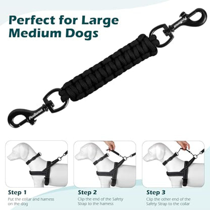 Dog Collar Safety Clip, Handmade Backup Safety Strap for Dog Harness, Prong, Pinch Collar, Double Ended Clasp Leash Connector (Black) - color: Black