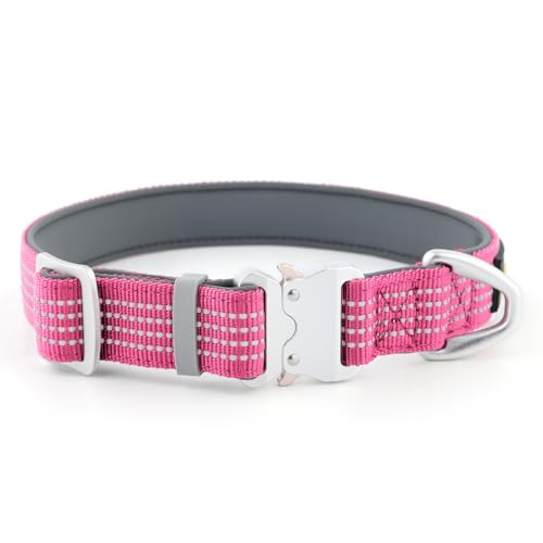 Plutus Pet Reflective Dog Collar with Aviation Aluminum Buckle, Neoprene Padded for Comfort, Lightweight, Heavy Duty Nylon Collar for Puppy Small Medium Large Dogs (Pink, M) - color: Pink, size: M
