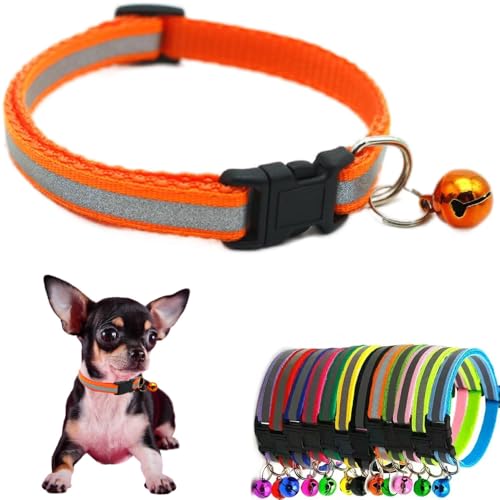 Orange Dog Collar with Bell, Reflective Small Cat Collars wIith Bell Soft Adjustable Buckle for XS XSmall Extra Small Puppies Female Male Tiny Pets Kitten Boy Girl Yorkie Teacup Chihuahua S - color: Orange, size: S(Neck 11"-15")