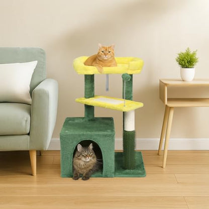 Outvita Cat Tree 27.5in Small Cat Tower, Multi-Level Cat Tree Tower with Cat Scratching Post and Pad, Cozy Cat Condo, Padded Top Bed for Kittens and Indoor Cats, Yellow & Green - size: 27.5" Yellow & Green