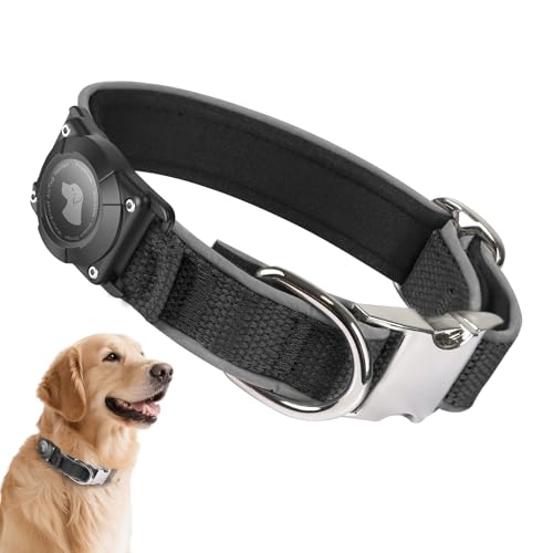 Waterproof Airtag Dog Collar - Nylon Collar with Durable Airtag Holder, Reflective&Anti-Lost with Safety Metal Buckle, Soft Padded Adjustable for Small Medium Large Dogs Black L - color: Black, size: L (14.5"-19.8")