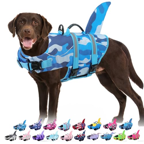Dog Life Jacket - Shark Life Vest for Swimming Boating - Reflective Lifejacket Swimsuit for Small Medium Large Dogs - High Buoyancy Lifesaver Preserver with Rescue Handle, Blue Camo XS - color: Blue Camo, size: X-Small