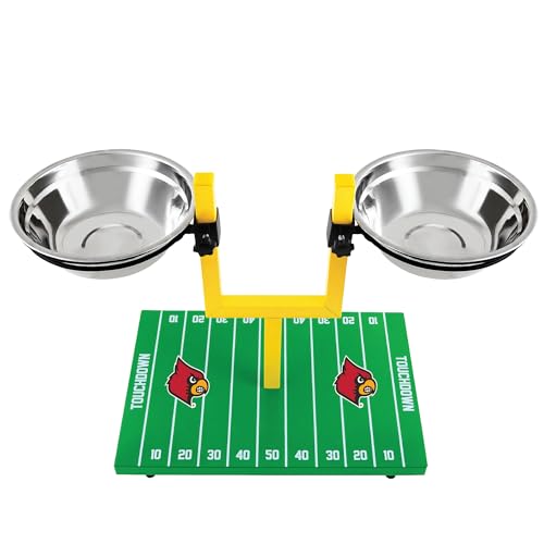 NCAA Louisville Cardinals Goalpost Football Field Dog Feeder – Adjustable Elevated Dog Bowls with Stand, 2 Stainless Steel Bowls, Non-Slip Rubber Feet, Raised Pet Feeder for Large & Small Dogs - color: Louisville Cardinals