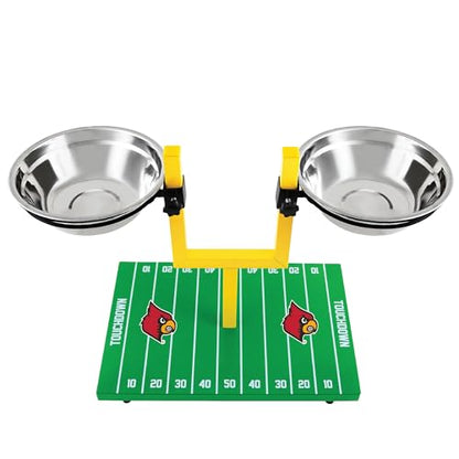 NCAA Louisville Cardinals Goalpost Football Field Dog Feeder – Adjustable Elevated Dog Bowls with Stand, 2 Stainless Steel Bowls, Non-Slip Rubber Feet, Raised Pet Feeder for Large & Small Dogs - color: Louisville Cardinals