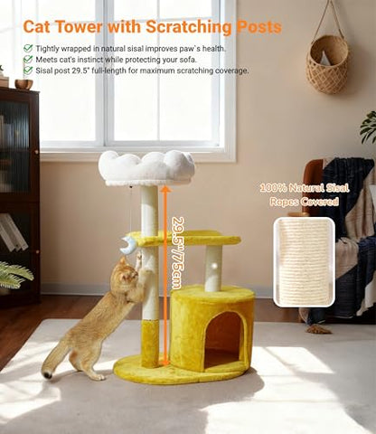 Happi N Pets Cat Tree, 33" Multi-Level Cloud Cat Tree Tower with Cozy Padded Bed & Large Condo for All Sized Cats, Featuring Scratching Posts, Viewing Perch & Toys, Stable Small Cat Tower - size: 33" with Condo