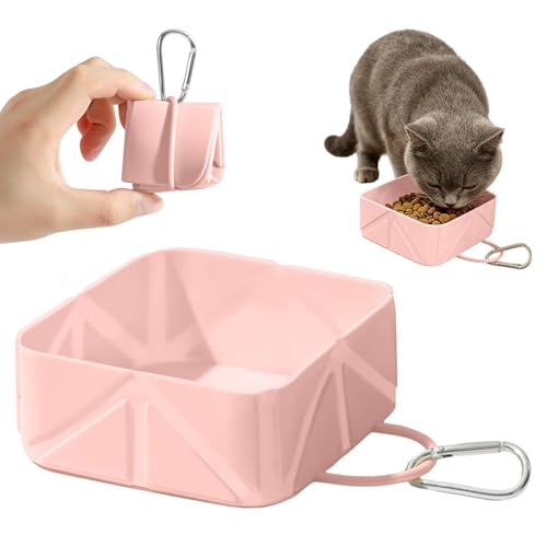 Collapsible Pet Bowls for Dogs and Cats, Portable Travel Silicone Foldable Dog Water Food Bowl with Carabiner 10.5x10.5x4.5cm - color: pink