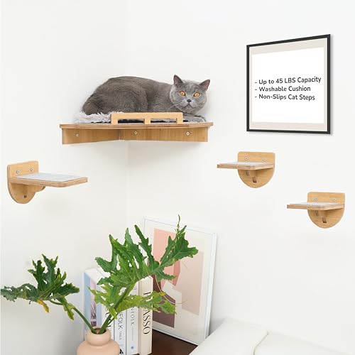 45LBS Cat Wall Shelves with 3 Non-Slips Steps, Space-Saving Mounted Cats Walls Furniture & Shelf with Washable Cushion for Climbing, Indoor Shelf for Large Cats (Natural, Corner Shelves) - color: Natural, size: Cat Corner Shelves