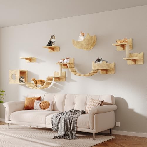 13-in-1 Cat Wall Shelves, Wall Mounted Cats Furniture Set with Plush Fabric, Cat Climbing Wall Systems, Cats Shelf with Moon Hammock, Condo, House, Step, Bridge Ladder, Scratching Post, Beige - color: Beige, size: 13-in-1
