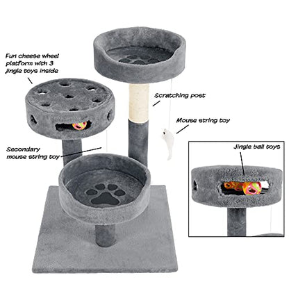 3-Tier Cat Tower with Sisal Rope Scratching Post, 2 Carpeted Napping Perches, Hanging Mouse, and Interactive Toy for Indoor Cat Use by PETMAKER (Gray) - color: Gray