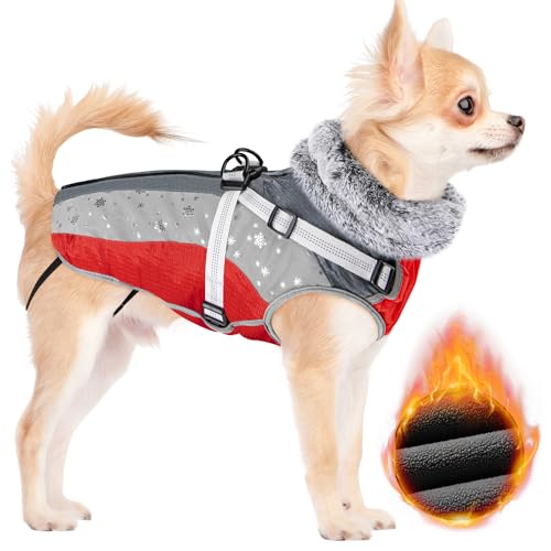 SlowTon Dog Jacket with Harness Built in - Waterproof Fleece Winter Warm Dog Coats for Small Medium Dogs, Reflective Adjustable Furry Puppy Vest Clothes for Outdoor Walking (Red & Black,XS) - color: Red & Gray, size: X-Small (Chest 11.8"-13.8")