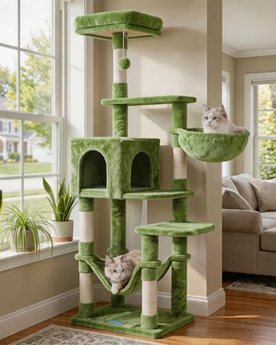 Hey-brother Cat Tree with Large Hammock, Multi-Level Cat Tower for Indoor Cats, Cat Condo with Sisal-Covered Scratching Posts and Top Perch, Green MPJ050GR - color: Green
