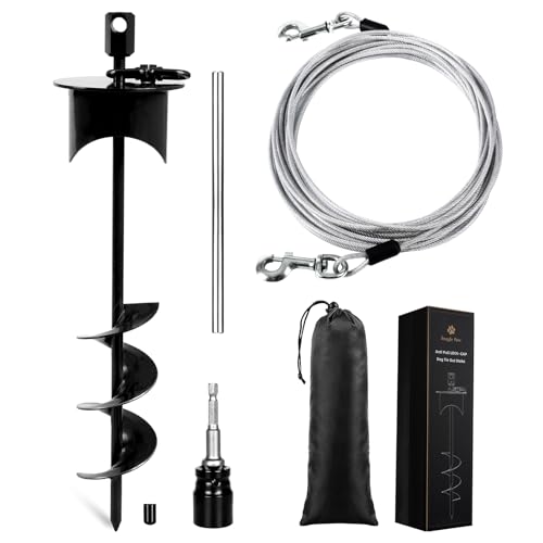 Lock-Cap Dog Tie Out Cable & Stake - 20ft Heavy Duty Dog Cable, 360° Swivel No Tangle Dog Yard Leash & Stake up to 220 lbs - Rust Proof Ground Anchor for Yard, Beach, Camping & Outdoor - color: Black, size: 17IN STAKE+20FT CABLE