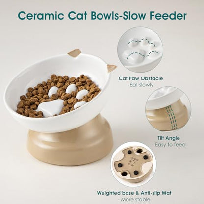 vancasso Raised Slow Feeder Cat Bowls, Ceramic Elevated Cat Bowls Wet Food, Cats Food Bowl Slow Feeder for Indoor Cats (Brown) - color: Brown